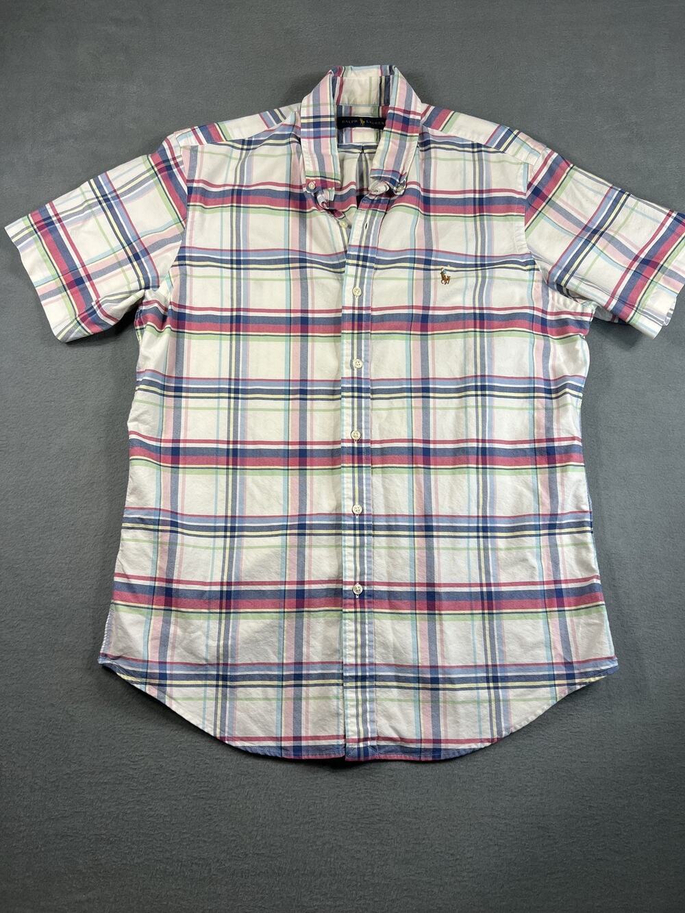 Ralph Lauren Men's Medium White Multi-Color Plaid Polo 100% Cotton
